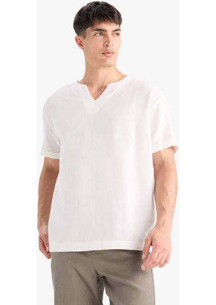 %100 Pamuk Regular Fit Yazlık V Yaka Pamuklu Kısa Kollu Gömlek X9812AZ25SM modelleri