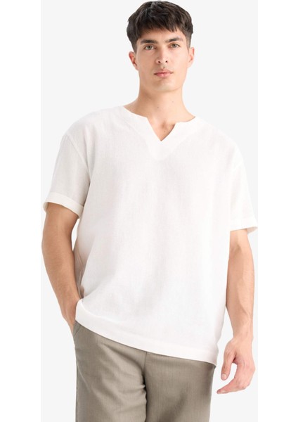 %100 Pamuk Regular Fit Yazlık V Yaka Pamuklu Kısa Kollu Gömlek X9812AZ25SM fırsatları