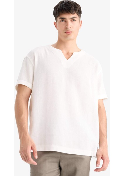 %100 Pamuk Regular Fit Yazlık V Yaka Pamuklu Kısa Kollu Gömlek X9812AZ25SM indirimleri