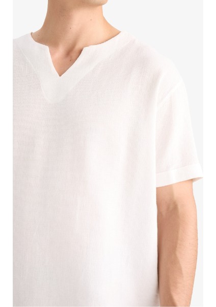 %100 Pamuk Regular Fit Yazlık V Yaka Pamuklu Kısa Kollu Gömlek X9812AZ25SM