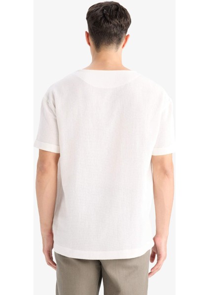 %100 Pamuk Regular Fit Yazlık V Yaka Pamuklu Kısa Kollu Gömlek X9812AZ25SM