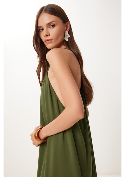 Halter Yaka Yazlık Uzun Viskon Elbise Haki HFG0003