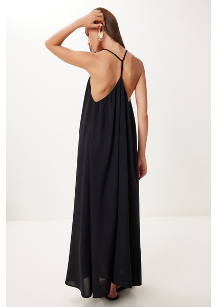 Halter Yaka Yazlık Uzun Viskon Elbise Siyah HFG0003