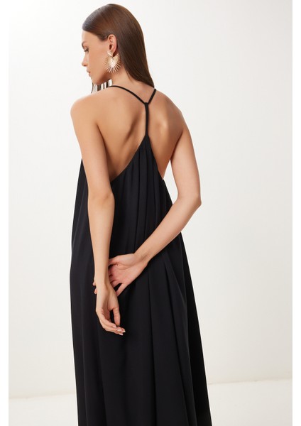 Halter Yaka Yazlık Uzun Viskon Elbise Siyah HFG0003