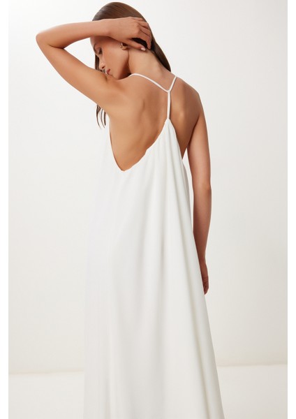 Halter Yaka Yazlık Uzun Viskon Elbise Ekru HFG0003