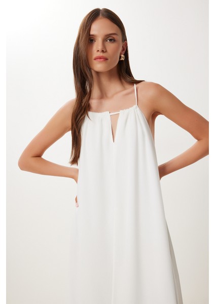 Halter Yaka Yazlık Uzun Viskon Elbise Ekru HFG0003