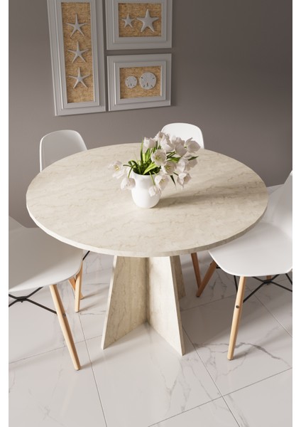 Modern Yuvarlak 100CM Yemek Masası-Mutfak Masası (Sandalyeler Temsilidir) Traverten Yuvarlakmasa,