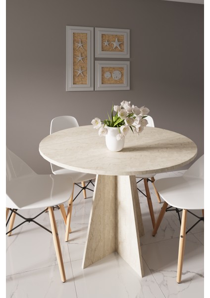Modern Yuvarlak 100CM Yemek Masası-Mutfak Masası (Sandalyeler Temsilidir) Traverten Yuvarlakmasa, indirimleri