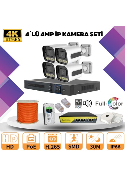 4'lü Güvenlik Ip Kamera Seti - 4mp Dış Mekan Kamera, 3.6mm Lens, H.265, Poe, Warm LED Gece Görüşlü