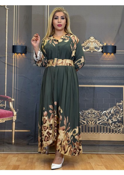 Tesettür Elbise,kemerli,çiçekli Kumaş,uzun Kollu,kemerli,yazlık, Pamuklu,maxi,günlük,yeşil fırsatları