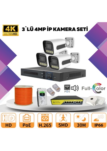 3'lü Güvenlik Ip Kamera Seti - 4mp Dış Mekan Kamera, 3.6mm Lens, H.265, Poe, Warm LED Gece Görüşlü