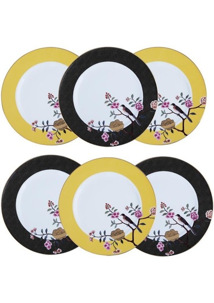 Lucile Siyah Sarı Kuş Desenli 6'lı Porselen Servis Tabağı Seti 28 cm