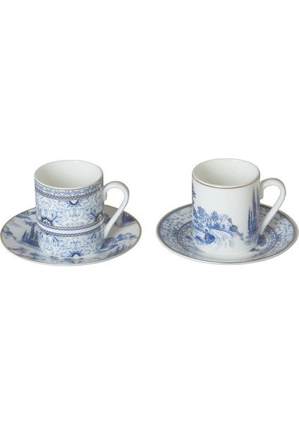 Florance Bone China Porselen Mavi Beyaz Naturel Barok Desenli 4'lüü Kahve Fincanı