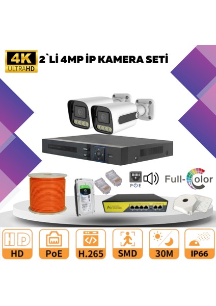 2'li Güvenlik Ip Kamera Seti - 4mp Dış Mekan Kamera, 3.6mm Lens, H.265, Poe, Warm LED Gece Görüşlü