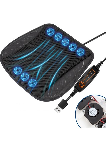 USB Araba Koltuğu Yaz Soğutucu Nefes Alabilir Buz Ipek Koltuk Minderi (Dahili 8 Fan)-Siyah (Yurt Dışından)