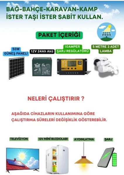 Taşınabilir Güneş Enerjili Acil Durum Enerji Seti – 50W Solar Panel, 24AH Akü, 3 LED Lamba, USB Şarj ve LED Tv Desteği modelleri