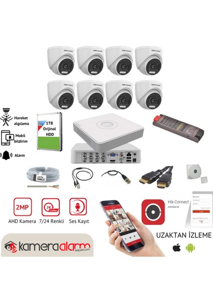 8 Kameralı Mikrofonlu Gece Gündüz Renkli İç Mekan AHD Kamera Seti