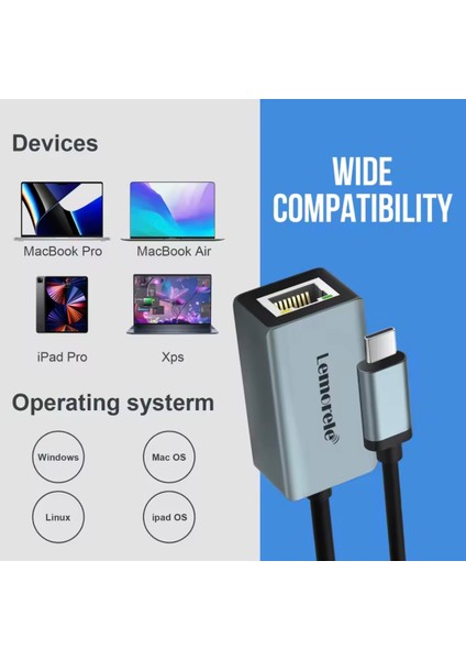 1000-Mbps RJ45 Ethernet Dönüştürücü Adaptör Type-C Metal Ce Lisanslı Sağlam Gigabit 1000Mbps RJ45 Ethernet Dönüştürücü Adaptör