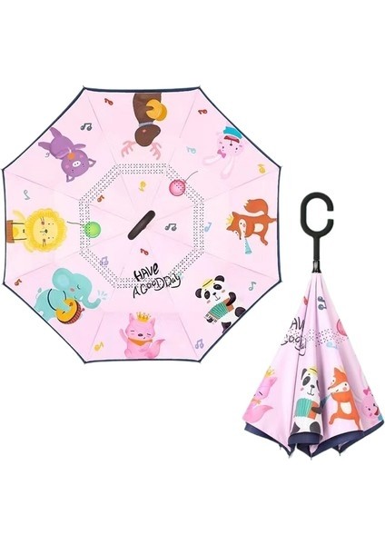 Çocuk Ters Şemsiye Çift Katmanlı Güneş Kremi Uzun Saplı Yağmur ve Parlaklık Çift Kullanımlı Karikatür Ilkokul Öğrencileri (Yurt Dışından)