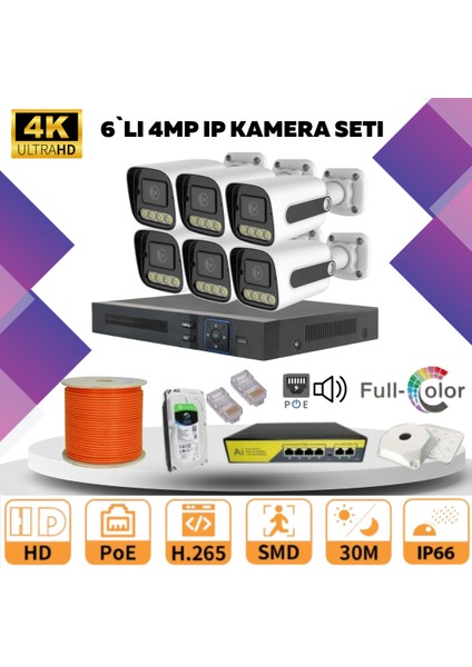 6'lı Güvenlik Ip Kamera Seti - 4mp Dış Mekan Kamera, 3.6mm Lens, H.265, Poe, Warm LED Gece Görüşlü
