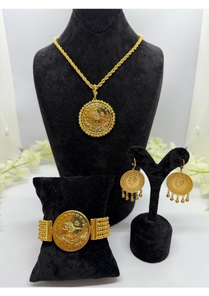 22 Ayar Altın Kaplama Osmanlı Tuğralı Motifli Set Kolye,keleoçe,küpe LVD525