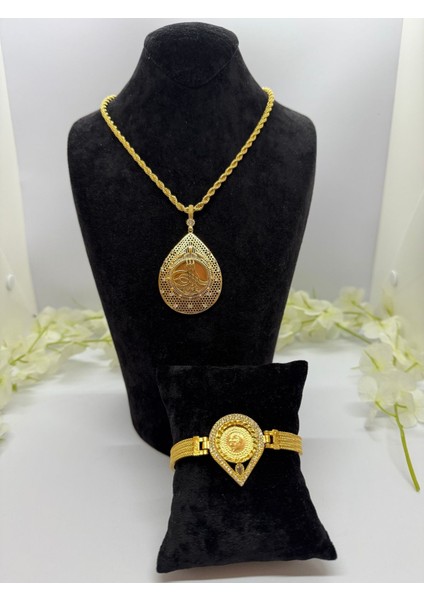 22 Ayar Altın Kaplama Taşlı Tuğralı Motif Set LVD512