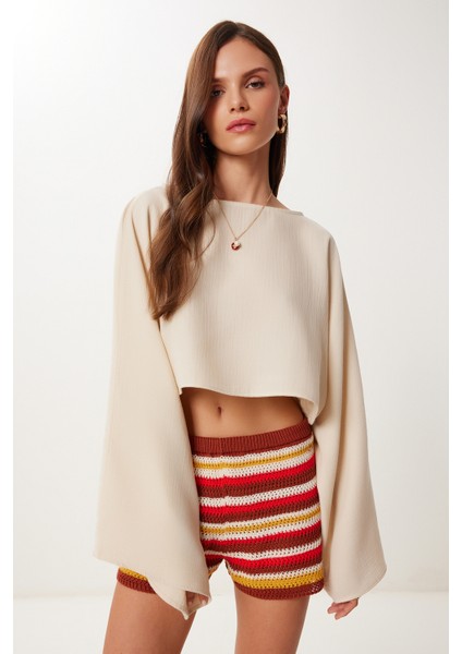 Yarasa Kollu Crop Müslin Bluz Krem HRG0001