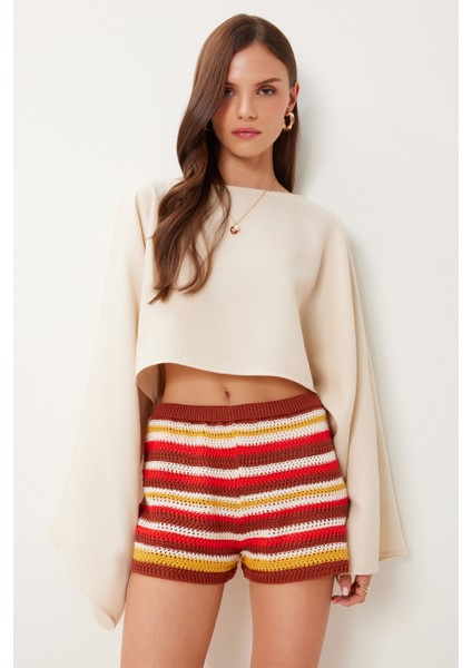 Yarasa Kollu Crop Müslin Bluz Krem HRG0001 fırsatları