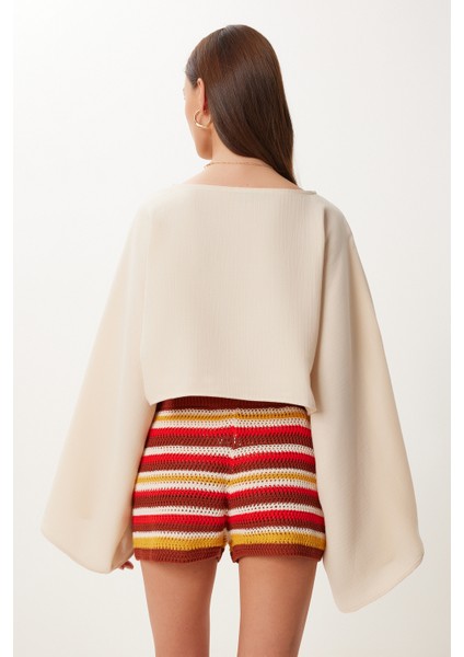 Yarasa Kollu Crop Müslin Bluz Krem HRG0001 indirimleri