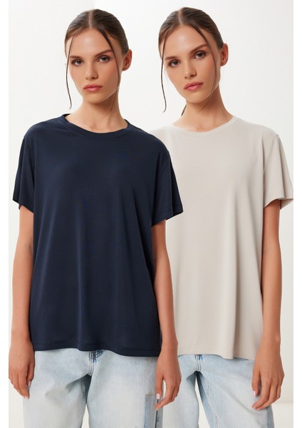 2’li Paket Basic Modal Örme T-Shirt Lacivert Taş HFN0002