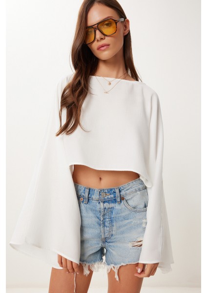 Yarasa Kollu Crop Müslin Bluz Ekru HRG0001