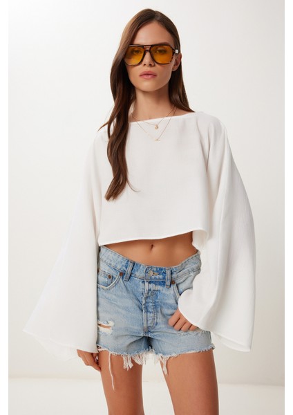 Yarasa Kollu Crop Müslin Bluz Ekru HRG0001