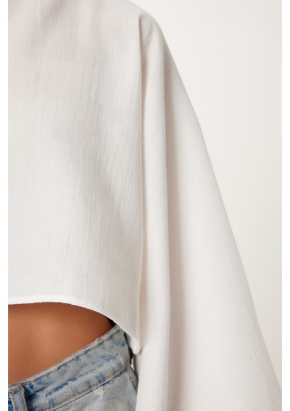 Yarasa Kollu Crop Müslin Bluz Ekru HRG0001
