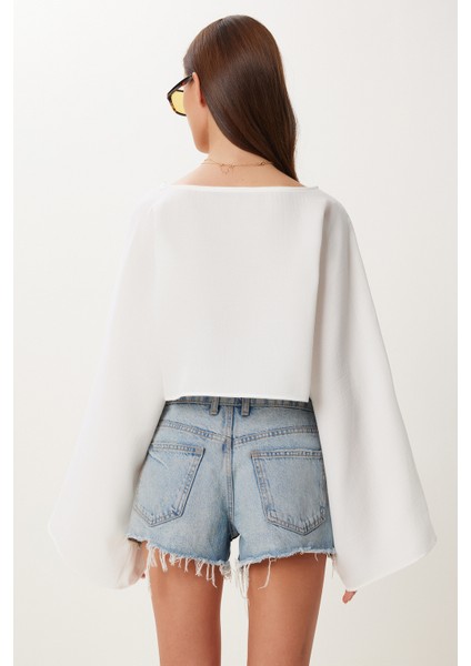 Yarasa Kollu Crop Müslin Bluz Ekru HRG0001