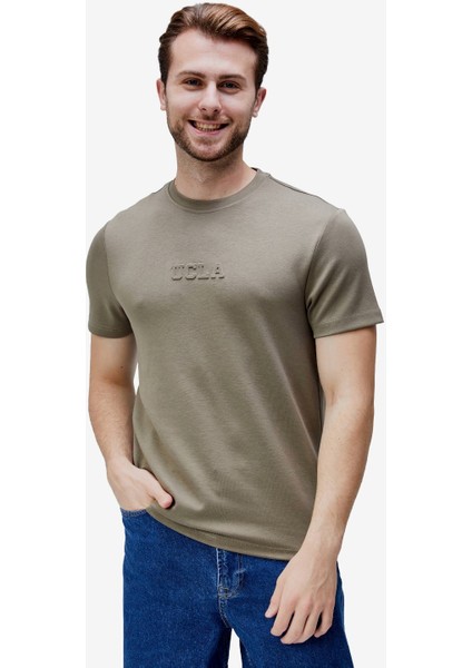 Canary Haki Bisiklet Yaka Gofre Baskılı Modal Kumaş Standard Fit Erkek Tshirt