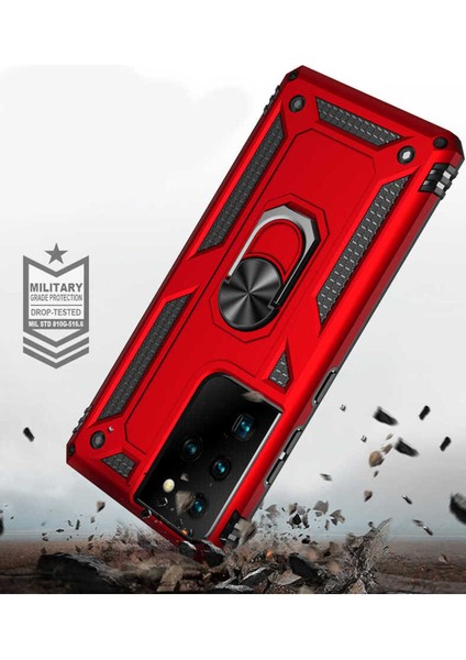 Samsung Galaxy S21 Ultra Kılıf Çift Katmanlı Polikarbon Koruma ve Manyetik Tutucu Stand Yüzük