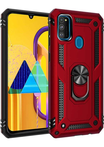 Samsung Galaxy M21 Kılıf Çift Katmanlı Polikarbon Koruma ve Manyetik Tutucu Stand Yüzük