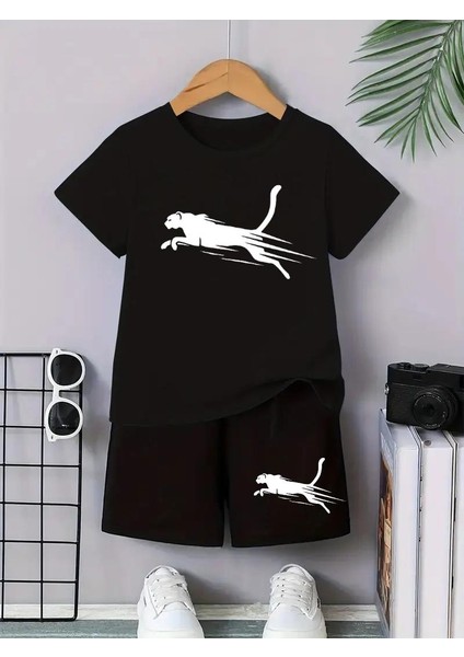 Çita Baskılı Şort/t-Shirt Alt-Üst Çocuk Yazlık Takım