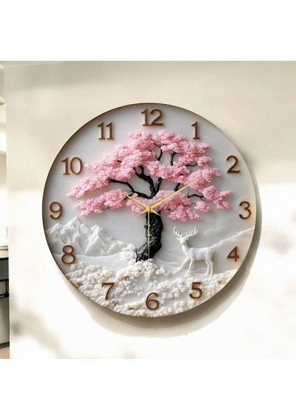 Renkli Baskı Ağaç Doğa Desenli Sayılı Hediyelik Ahşap Sessiz Duvar Saati 45CM