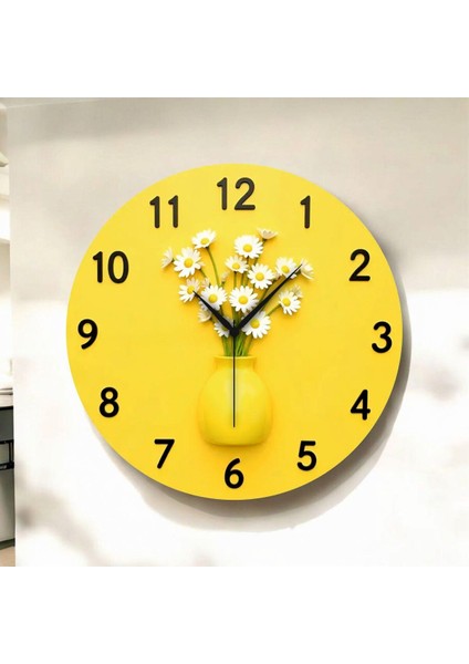 2d Kabartma Görünümlü Sarı Saksı Çiçek Renkli Baskı Sayılı Hediyelik Ahşap Sessiz Duvar Saati 45CM