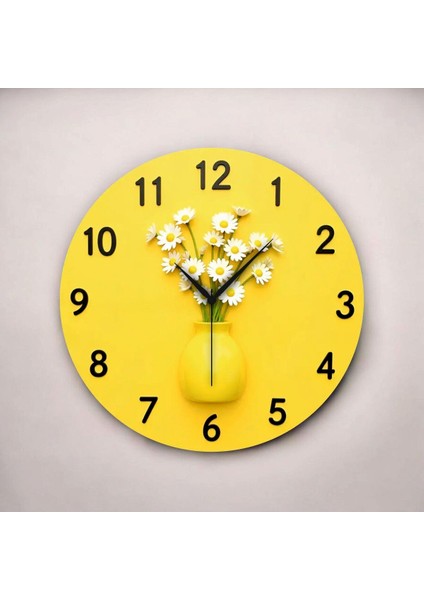 2d Kabartma Görünümlü Sarı Saksı Çiçek Renkli Baskı Sayılı Hediyelik Ahşap Sessiz Duvar Saati 45CM fiyatları