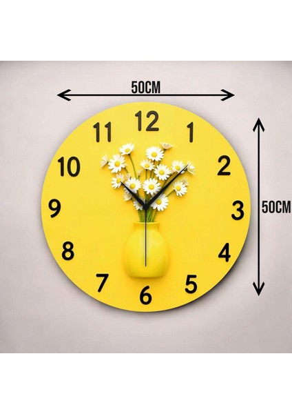 2d Kabartma Görünümlü Sarı Saksı Çiçek Renkli Baskı Sayılı Hediyelik Ahşap Sessiz Duvar Saati 45CM modelleri