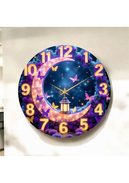 LED Görünümlü Renkli Baskı Hilal ve Kelebek Desenli Sayılı Hediyelik Ahşap Sessiz Duvar Saati 45CM