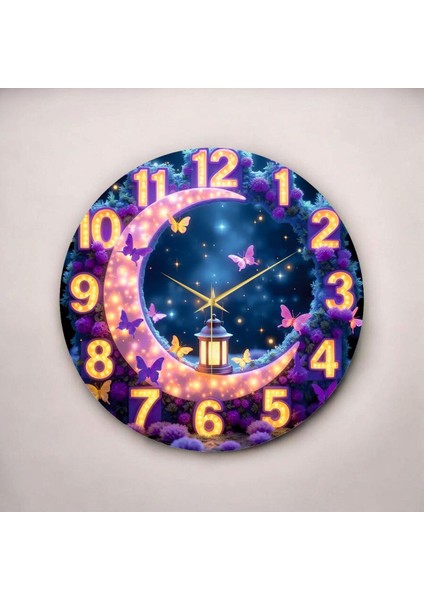 LED Görünümlü Renkli Baskı Hilal ve Kelebek Desenli Sayılı Hediyelik Ahşap Sessiz Duvar Saati 45CM fiyatları