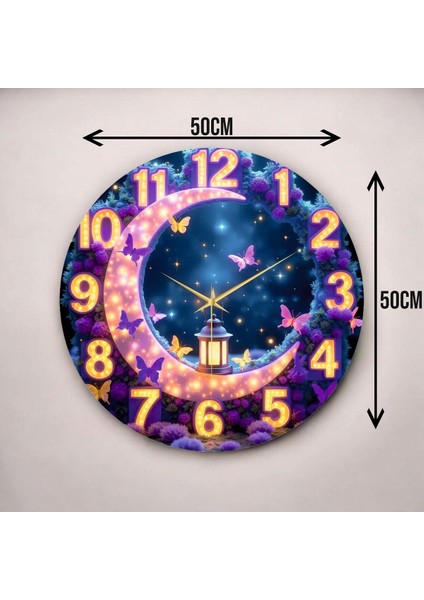 LED Görünümlü Renkli Baskı Hilal ve Kelebek Desenli Sayılı Hediyelik Ahşap Sessiz Duvar Saati 45CM modelleri