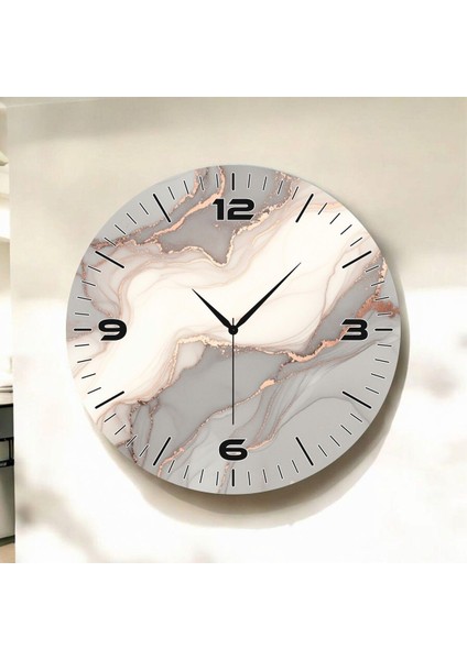 Açık Renkli Baskı Mermer Desenli Sayılı Hediyelik Ahşap Sessiz Duvar Saati 50CM