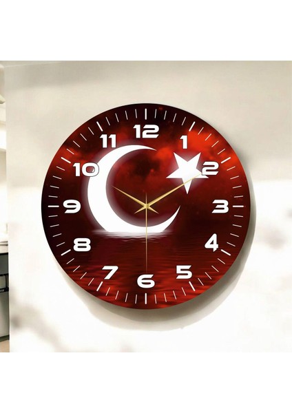 Renkli Baskı Türk Bayrak Desenli Sayılı Hediyelik Ahşap Sessiz Duvar Saati 45CM