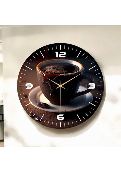 Renkli Baskı Kahve Desenli Sayılı Hediyelik Ahşap Sessiz Duvar Saati 50CM