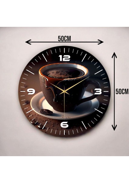 Renkli Baskı Kahve Desenli Sayılı Hediyelik Ahşap Sessiz Duvar Saati 50CM