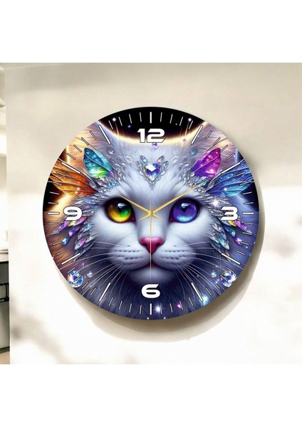 Renkli Baskı Kedi Çocuk Desenli Sayılı Hediyelik Ahşap Sessiz Duvar Saati 50CM